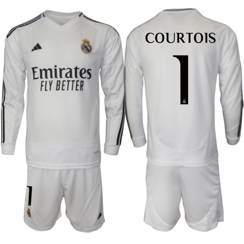 Men 2024-2025 Club Real Madrid home Long Sleeves White #1 Soccer Jersey->real madrid jersey->Soccer Club Jersey